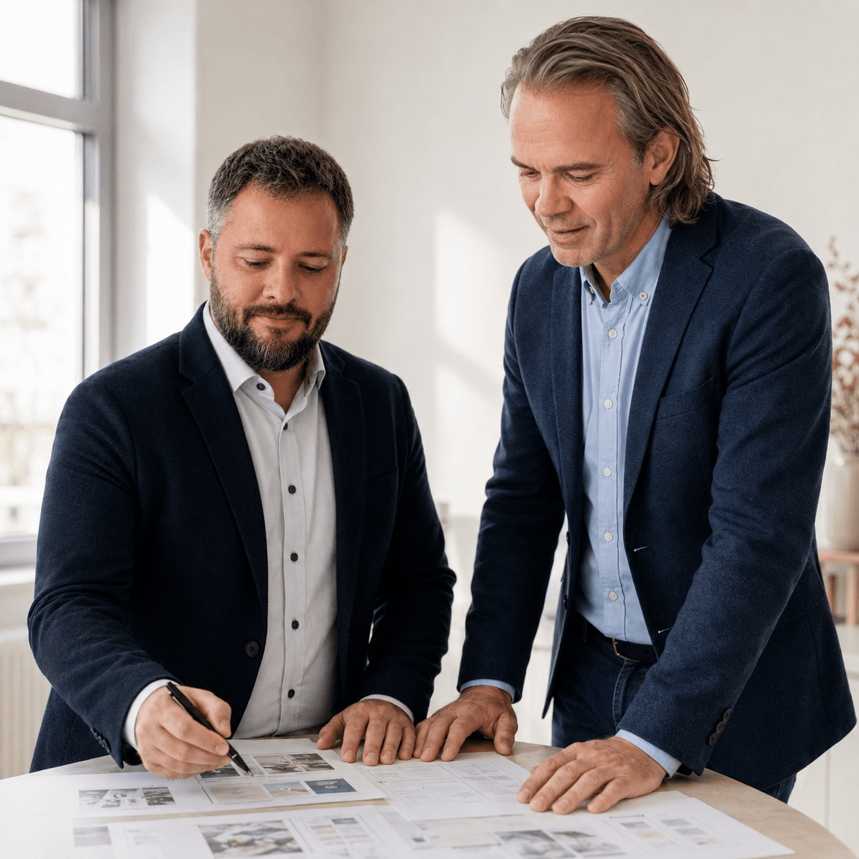 Zwei Personen arbeiten gemeinsam an Layouts am Stehtisch